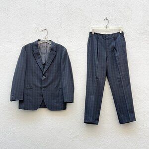 Vintage 60s Men's New Style Custom Tailored Blue & Black Plaid 2 Piece Suit 40S